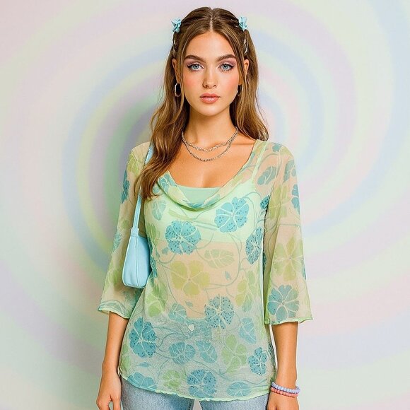 Vintage New York City Design Co Silk Beaded Fairy Top Size 0X Green Sheer Floral - Picture 1 of 12